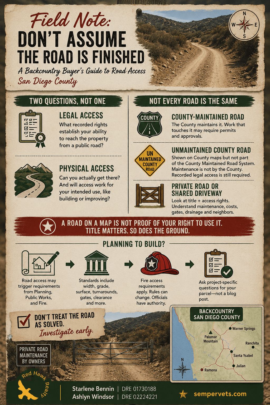 Infographic on parchment-style background explaining road access types and building requirements for backcountry San Diego County parcels